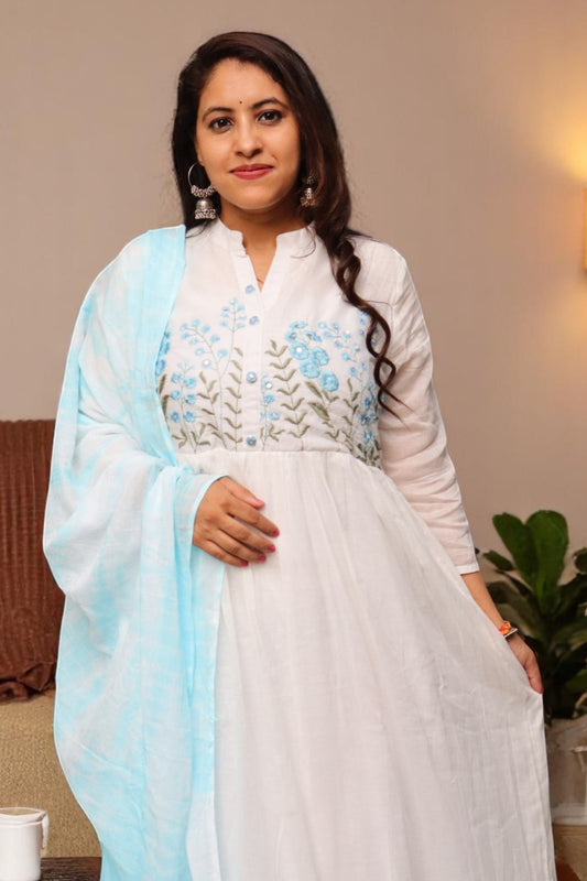 ANE015 Designer White Color Mal Cotton Embroided 3 Pcs Suit