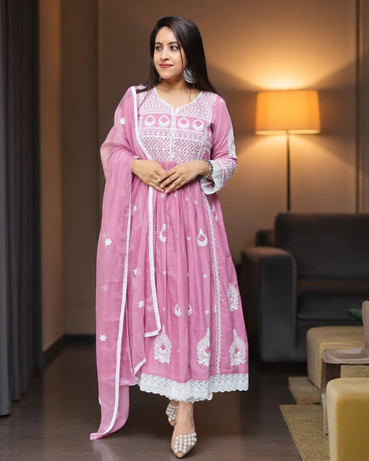 SDD0124 Designer Onion Pink Color Mal Cotton Embroided 3 Pcs Set