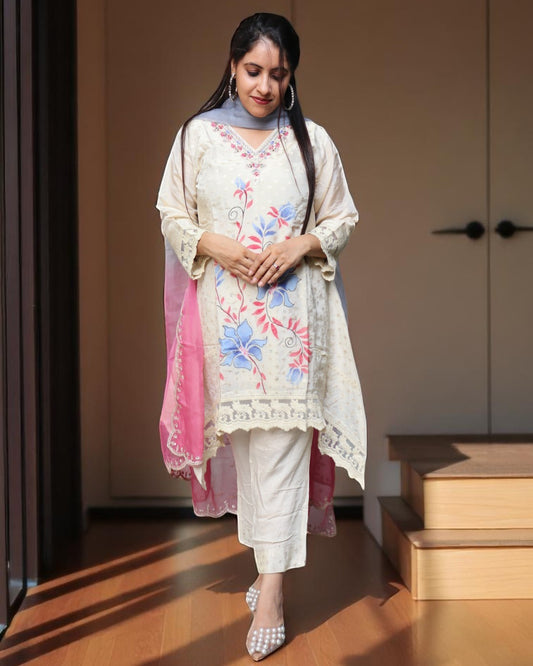 RAB0119 Designer Tissue Shimmer Off White Color Embroidery Work 3 Pcs Set