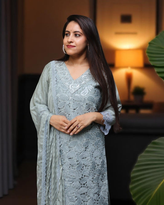 RAB0118 Designer Grey Color Muslin 3 Pcs Set