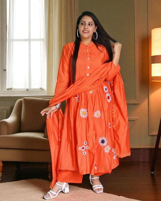 ALB0133 Designer Mal Chanderi Orange Color Embroidery Work 3 Pcs Set