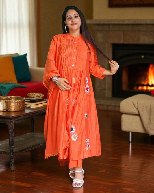ALB0133 Designer Mal Chanderi Orange Color Embroidery Work 3 Pcs Set