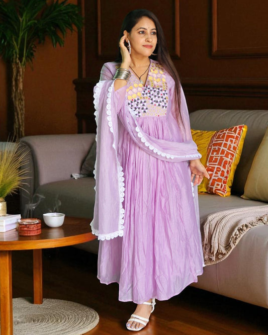 ALB0135 Designer Mal Chanderi Purple Color Embroidery Work 3 Pcs Set