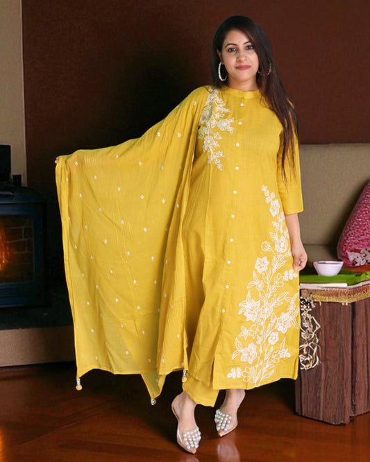 GDA0131 Designer Cotton Mustard Color Embroidery Work 3 Pcs Set