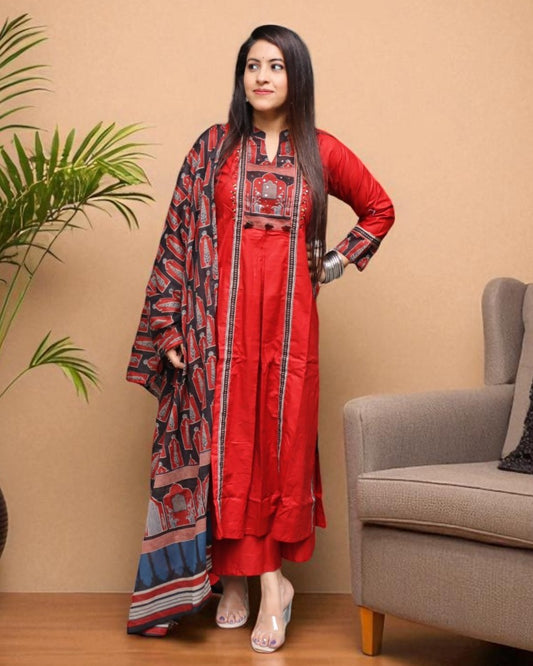 SCA0152 Designer Cotton Red Color Real Mirror 3 Pcs Set