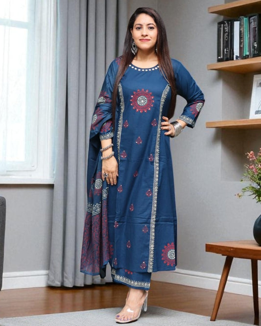 SCA0151 Designer Cotton Blue Color Real Mirror 3 Pcs Set