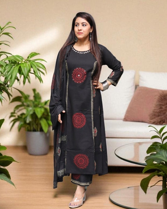 SCA0150 Designer Cotton Black Color Real Mirror 3 Pcs Set