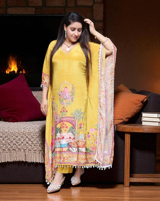 SCD0174 Designer Natural Crepe Mustard Color Kaftaan 2 Pcs Set