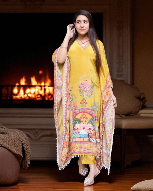 SCD0174 Designer Natural Crepe Mustard Color Kaftaan 2 Pcs Set