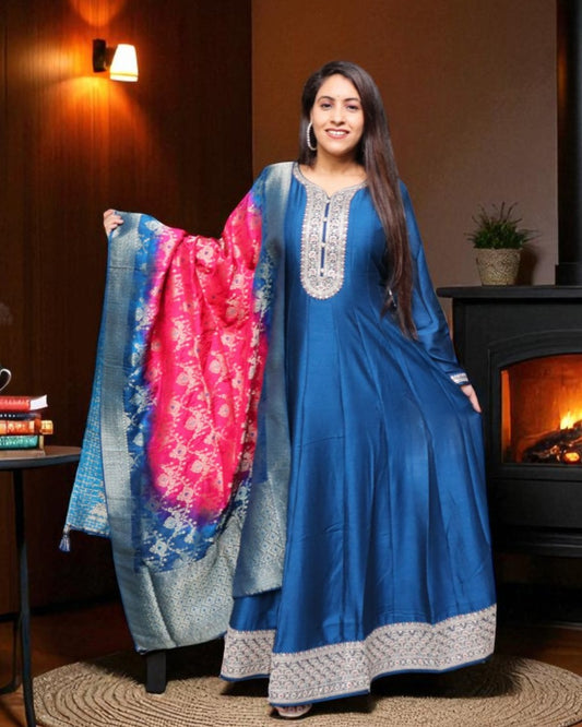 YCA0171 Designer Chinnon Navy Blue Color 2 Pcs Set