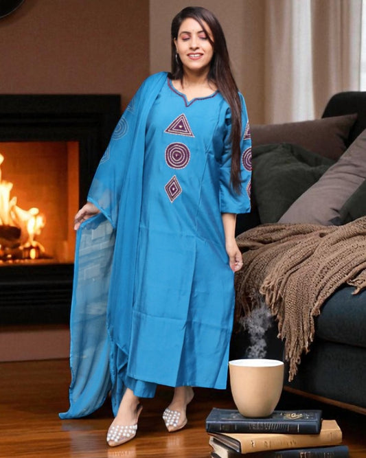 SPA0158 Designer Roman Silk Blue Color 3 Pcs Set