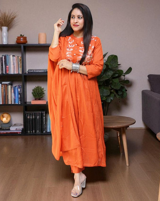 SAA0164 Designer Mul Cotton Orange Color Embroided 3 Pcs Set