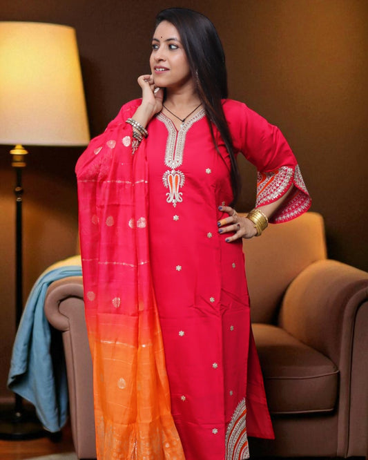 BCE0176 Designer Partywear Muslin Cherry Red Color 3 Pcs Set