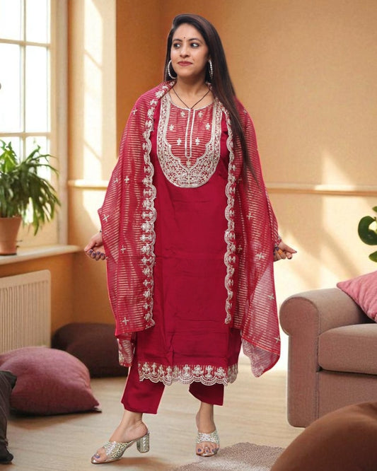 BCE0177 Designer Partywear Muslin Maroon Color 3 Pcs Set