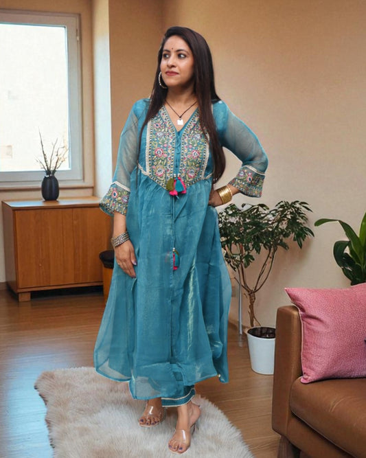 YCB0180 Partywear Shimmer Tissue Blue Color Shrug Style 3 Pcs Set