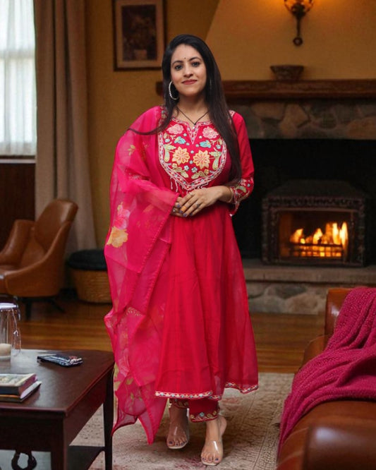 YCB0179 Designer Partywear Chanderi Hot Pink Color 3 Pcs Set