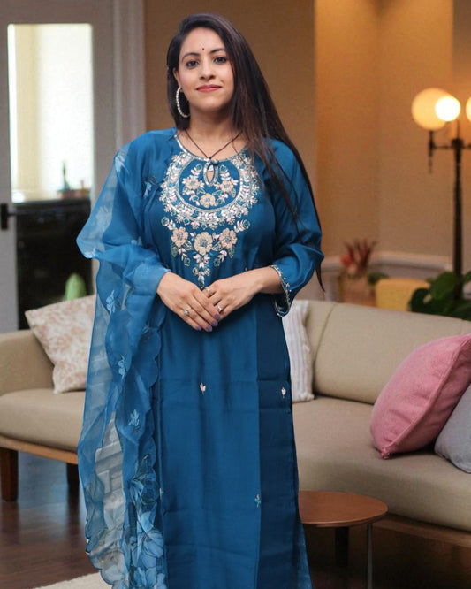 YCB0178 Designer Partywear Dola Silk Teal Blue Color 3 Pcs Set