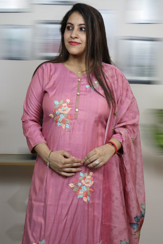 ISHI 844 Beautiful Onion Pink Color Muslin Embroidery Work 3 Pcs Suit