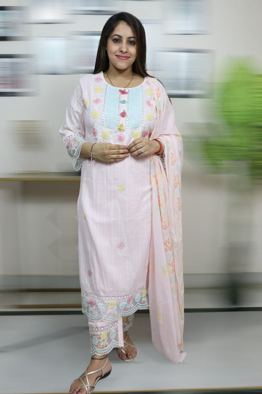 ISHI 849 Beautiful Designer Baby Pink Color Mal Cotton Embroidery Work 3 Pcs Suit