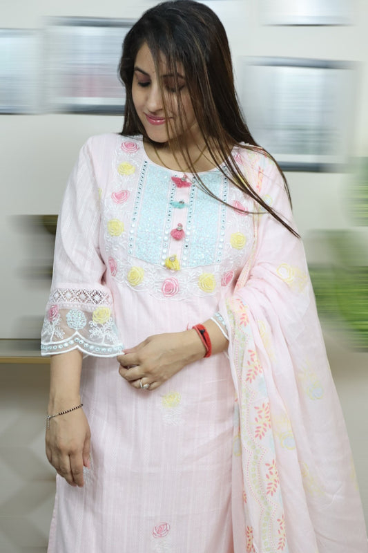 ISHI 849 Beautiful Designer Baby Pink Color Mal Cotton Embroidery Work 3 Pcs Suit