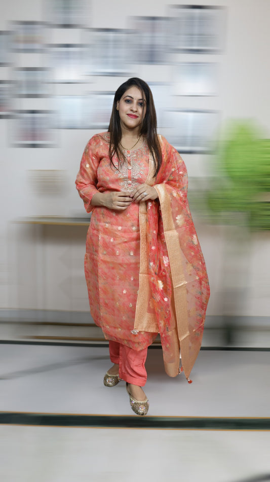 ISHI 858 Beautiful Orange Color Organza Fabric Embroided Work Partywear 3 Pcs Suit