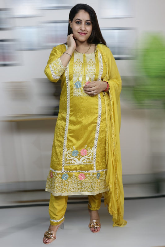 ISHI 846 Beautiful Mustard Color Silk Fabric Embroided Partywear Designer 3 Pcs Suit