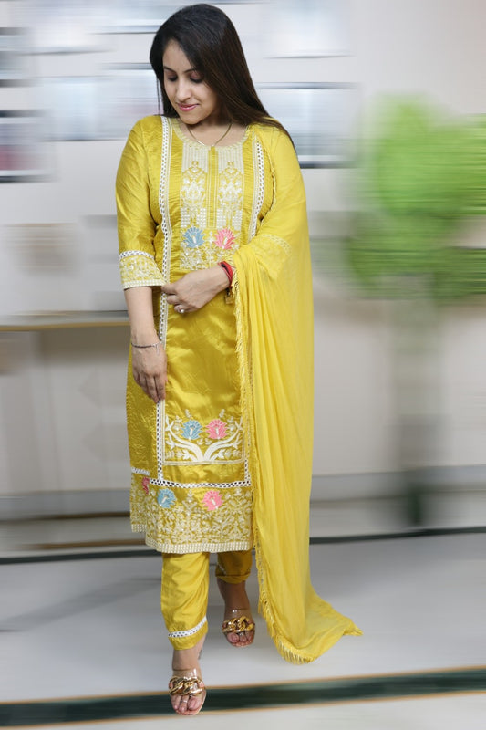 ISHI 846 Beautiful Mustard Color Silk Fabric Embroided Partywear Designer 3 Pcs Suit