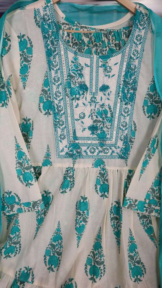 ISHI 785 Beautiful Off White & Color Cotton Schiffli Straight 3 Pcs Suit