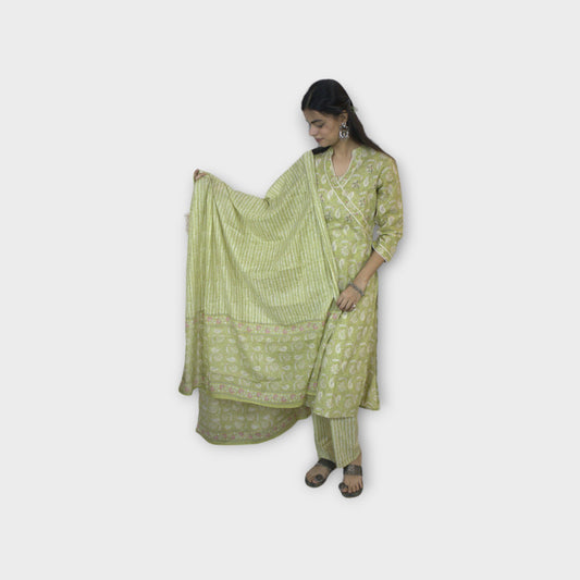 ISHI559 Beautiful Green Color Cotton Angrakha Style 3 Pcs Suit