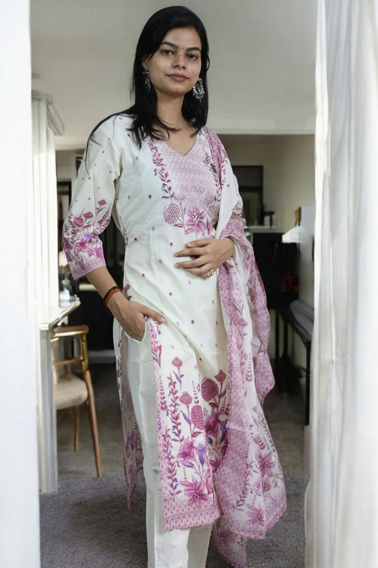 ISHI 704 Beautiful Off White Color Cotton Floral Printed 3 Pcs Suit