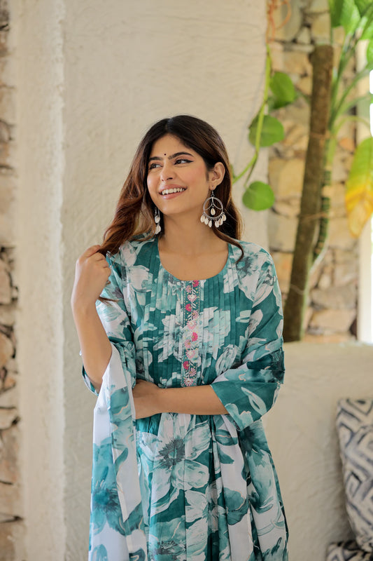 ISHI 780 Beautiful Green Color Floral Cotton Straight  3 Pcs Suit