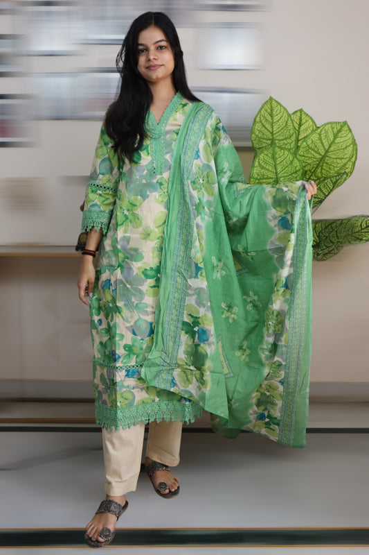 ISHI 798 Beautiful Green Color Cotton Pakistani Style Straight 3 Pcs Suit