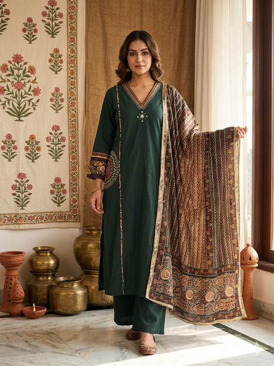 SAA2613 Pure Cotton V Neck Dark Green Embroided and Original Mirror Kurta 3 Pcs Set
