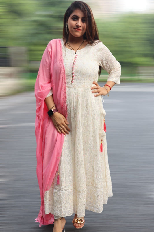 ISHI 869 Beautiful Designer White Color Georgette Full Embroided Anarkali 3 Pcs Suit