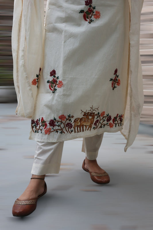 ISHI738 Premium Designer Off White Handwork Cotton 3 Pcs Suit