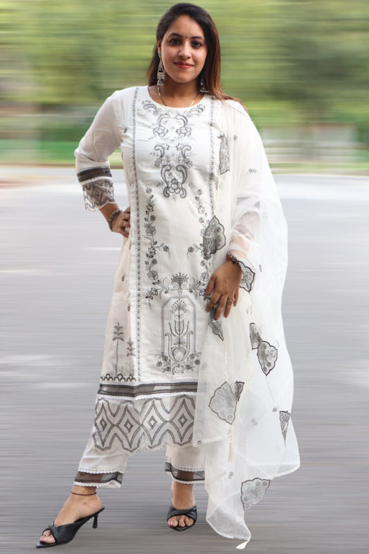 ISHI 866 Beautiful White Color Muslin Full Embroidery Work Designer 3 Pcs Suit