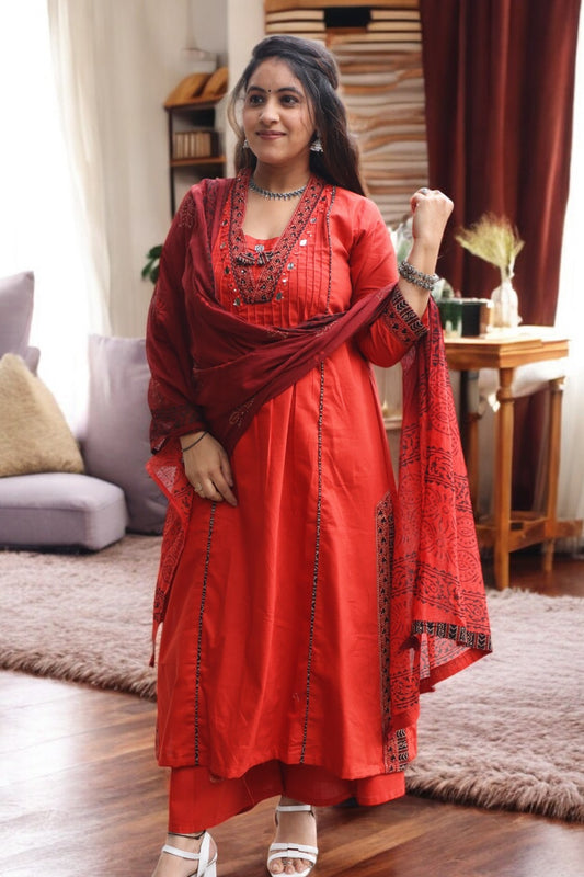 ISHI 963 Beautiful Rust Color Cambric Cotton Gujrati Work 3 Pcs Suit