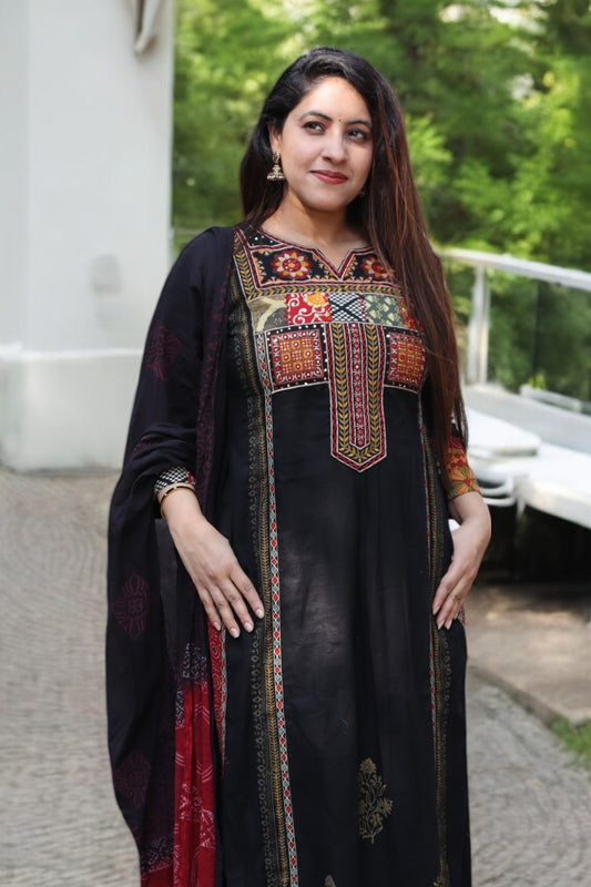 SCA001 Designer Black Color Cotton Gamthi Work 3 Pcs Set