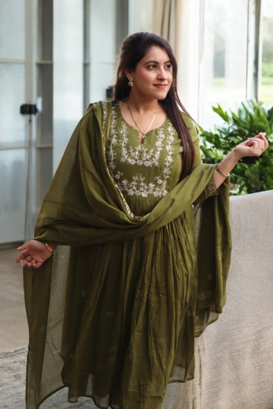 JVE047 Designer Green Color Mal Cotton Embroidery Work 3 Pcs Set