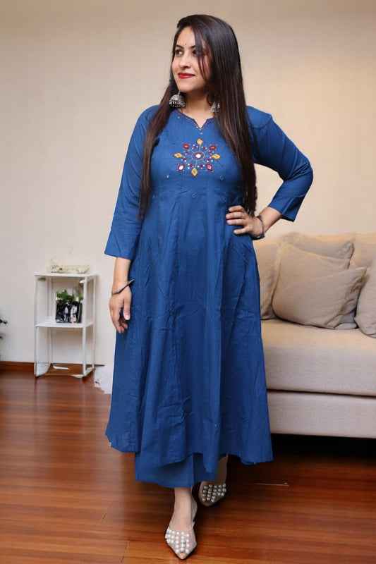 SDA094 Beautiful Blue Color Gamthi Cotton Real Mirror work Co-ord Set