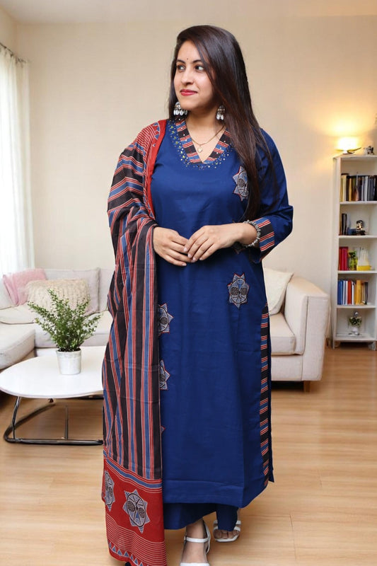 SDD093 Designer Blue Color Gamthi Cotton Real Mirror work 3pcs Suit