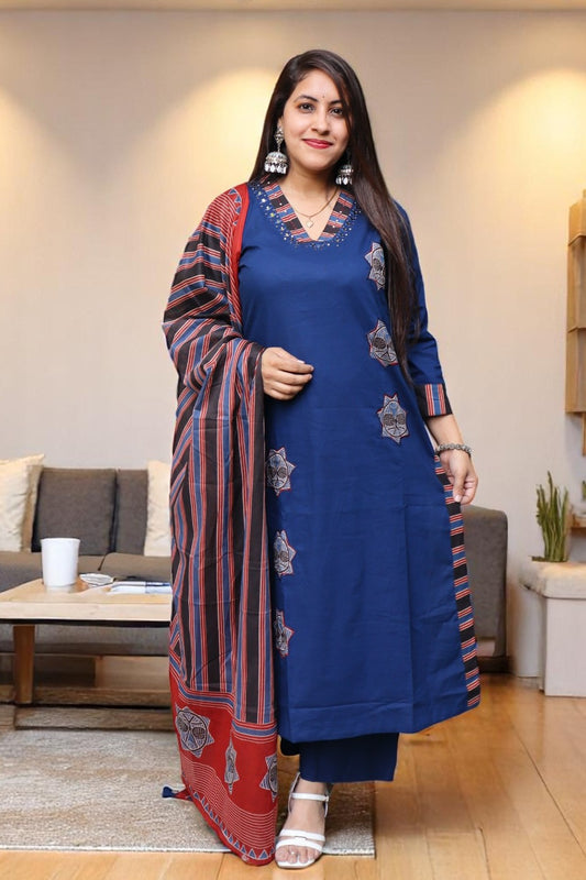 SDD093 Designer Blue Color Gamthi Cotton Real Mirror work 3pcs Suit