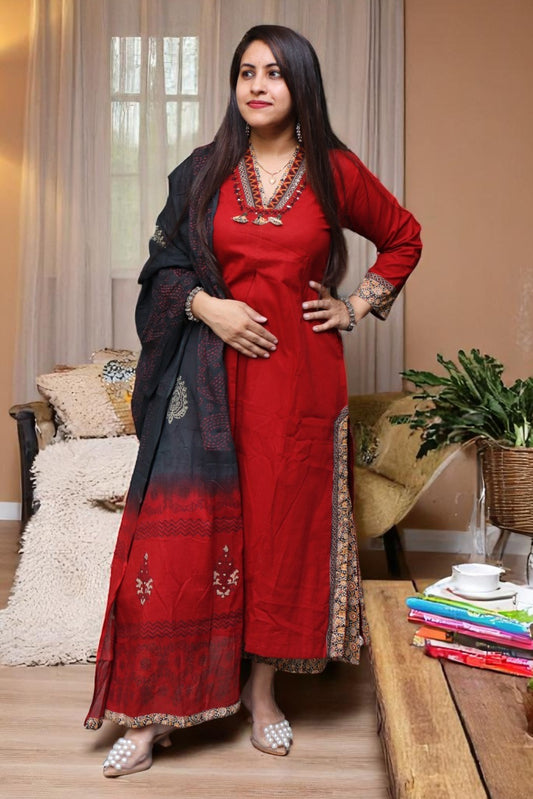 SDD093 Designer Maroon Color Gamthi Cotton Real Mirror work 3pcs Suit