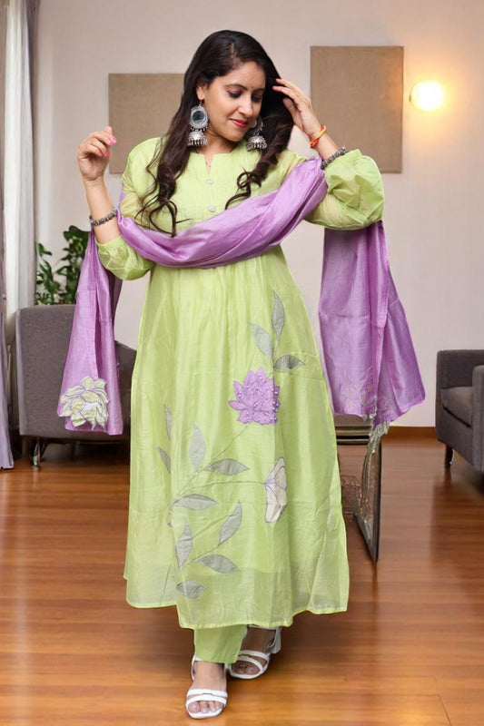 STB0102 Designer Green Color Mal Chanderi Applique Work 3 Pcs Suit