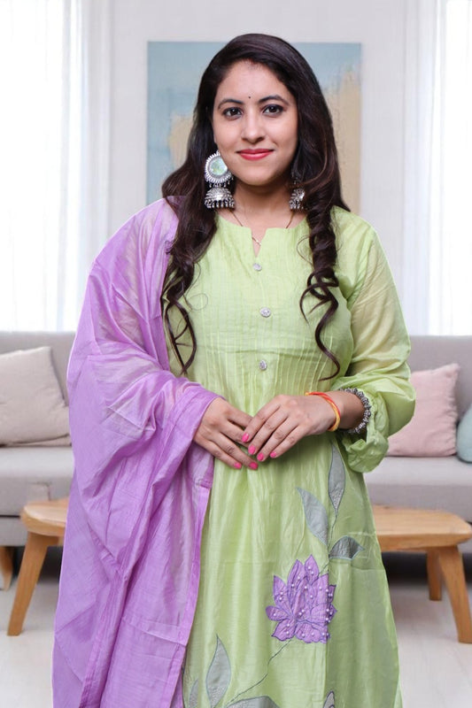 STB0102 Designer Green Color Mal Chanderi Applique Work 3 Pcs Suit