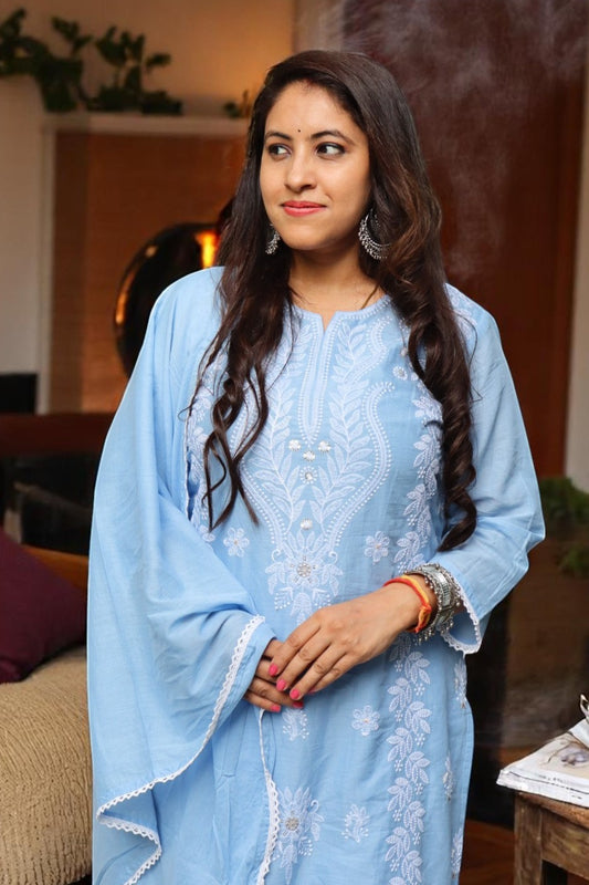 SDA098 Designer Sky BLue Color Mal Cotton Full Embroided Straight 3 Pcs Suit
