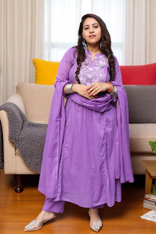 SDA099 Designer Purple Color Mal Cotton Embroided A Line 3 Pcs Suit