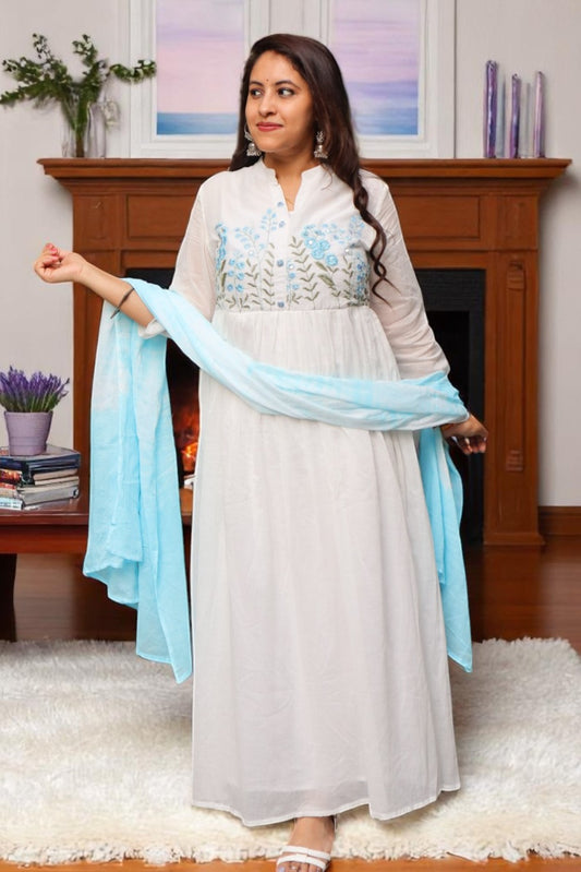 ANE015 Designer White Color Mal Cotton Embroided 3 Pcs Suit