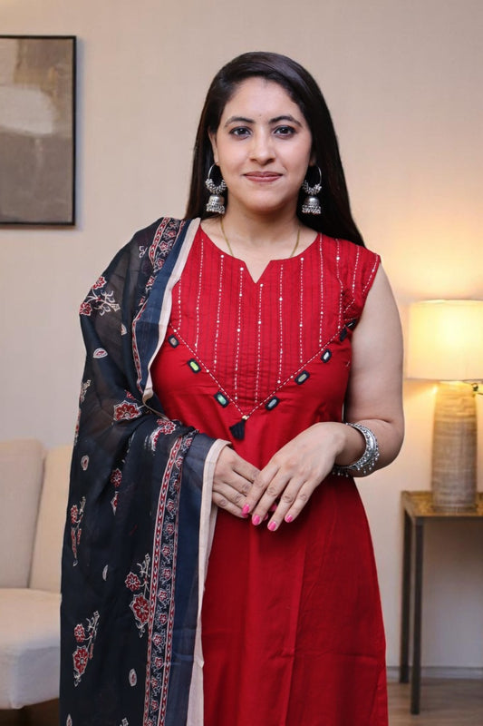 SCB0104 Designer Red Color Gamthi Cotton Real Mirror Work 3 Pcs Suit
