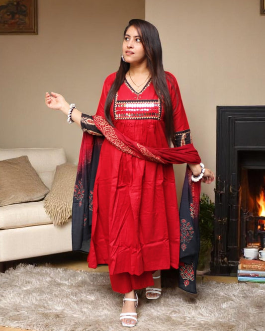 SDB0108 Designer Maroon Color Gamthi Cotton Work 3 Pcs Set